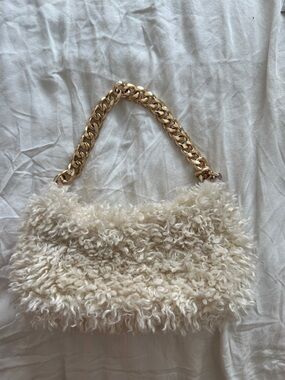 a new day Cream Faux Shearling Shoulder Bag with Gold Chain